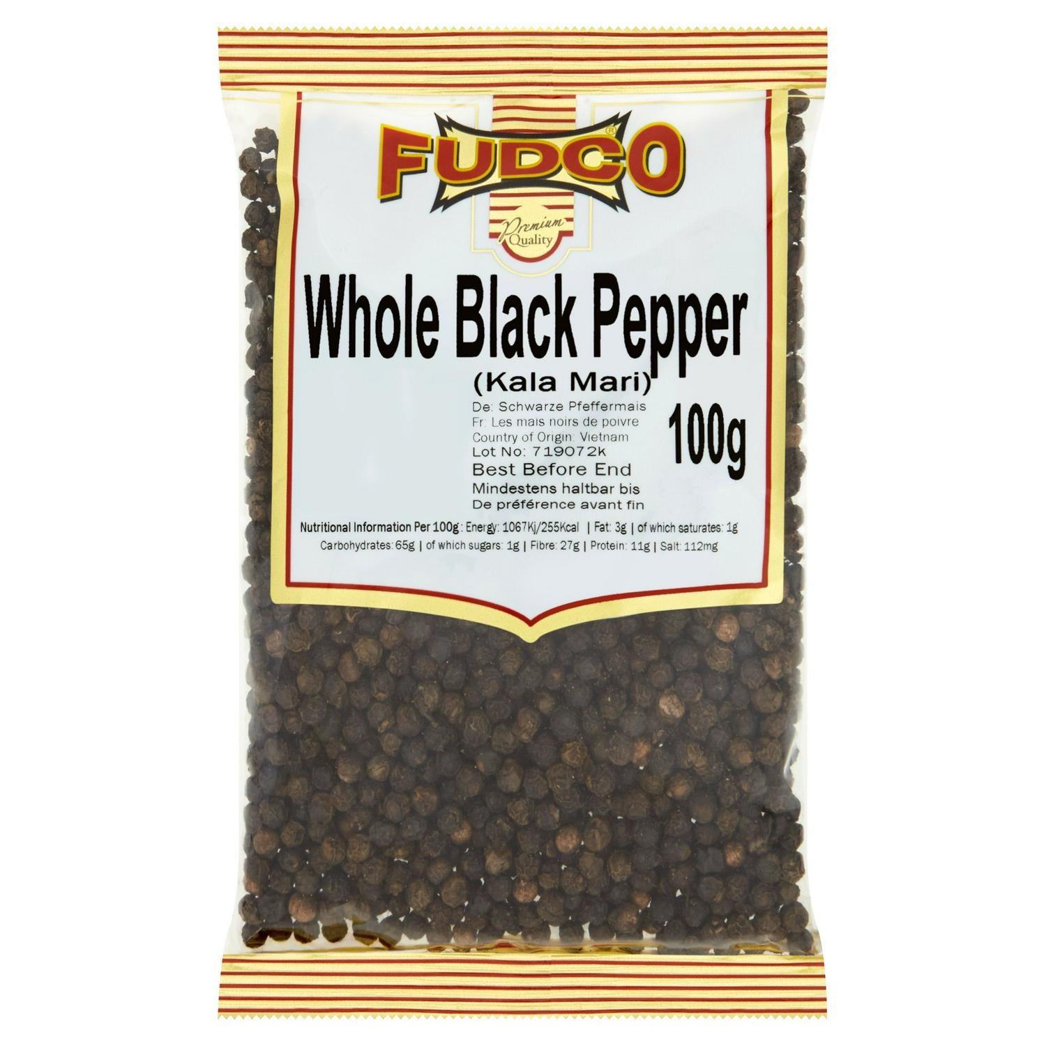 Fudco whole black pepper peppercorns 100g - British product