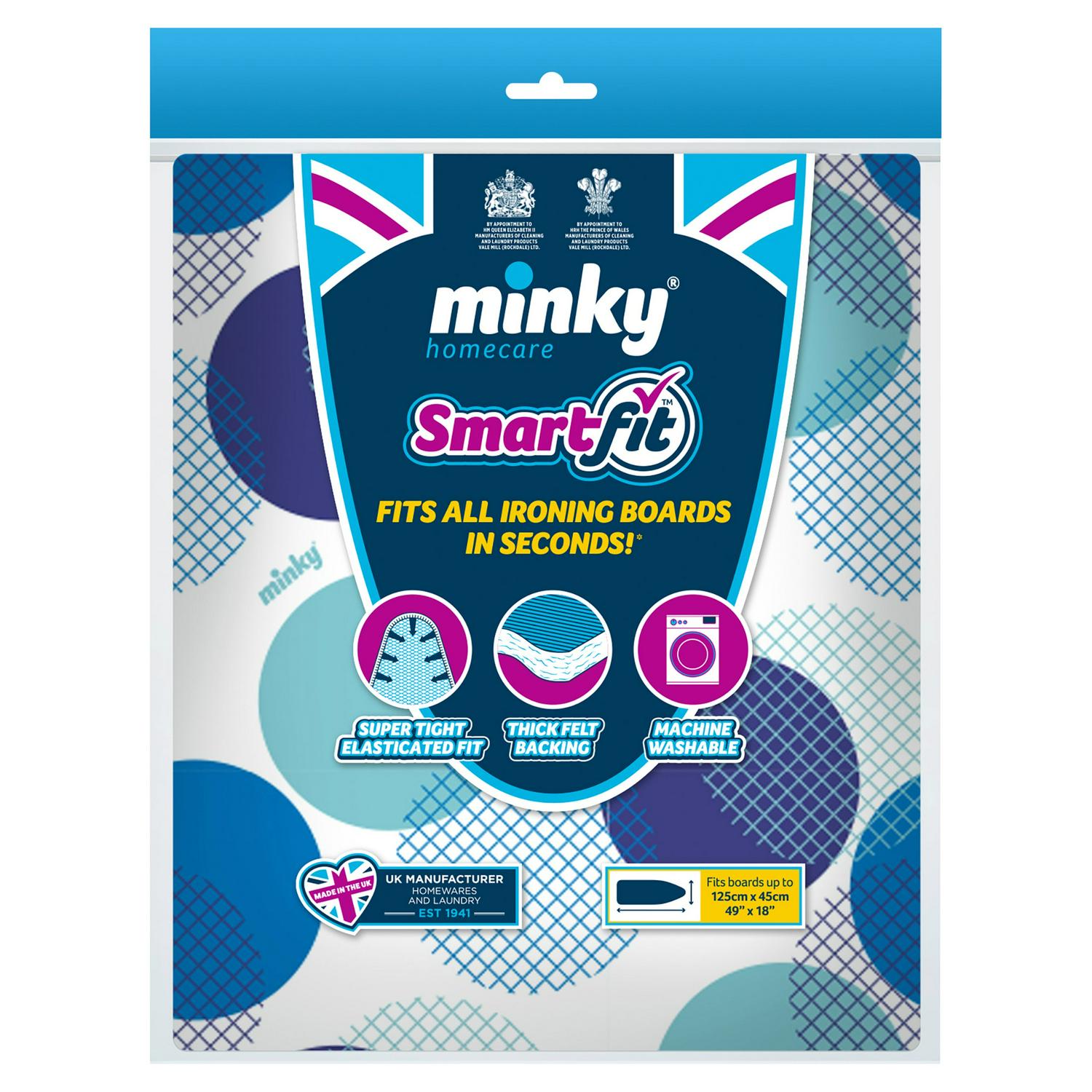 Minky Smart Fit ironing board cover 125x45cm, imported from the UK