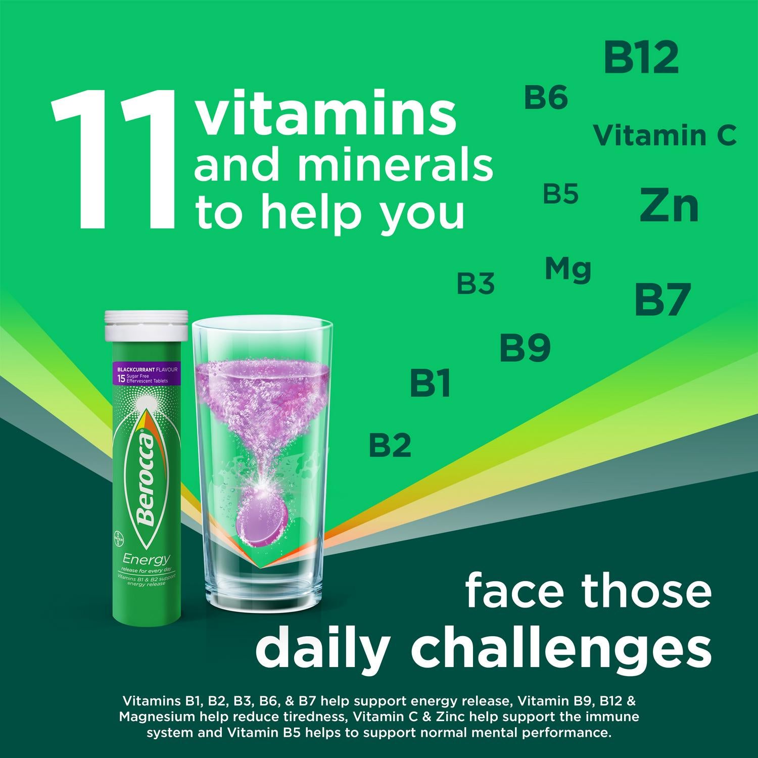Berocca Blackcurrant effervescent tablets 15 pack, imported from the UK