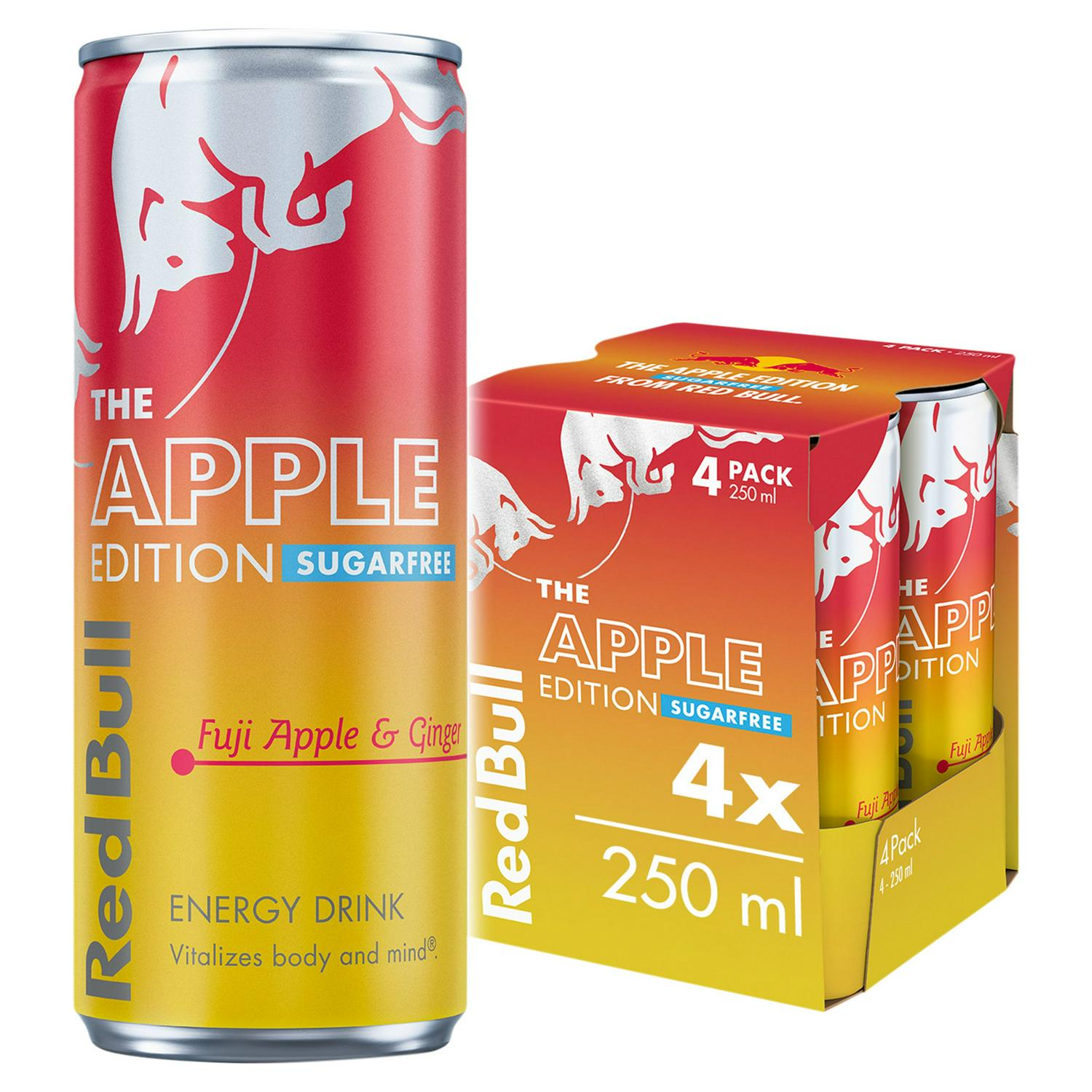 Red Bull Sugar Free Energy Fuji Apple Ginger 4 x 250ml, imported from the UK