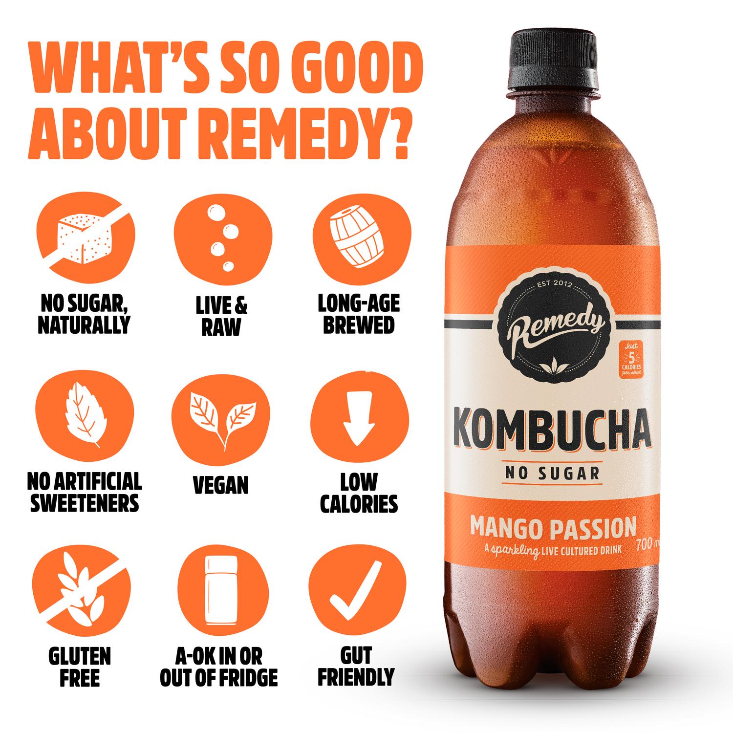 Remedy Kombucha Mango Passion 700ml bottle (British brand)