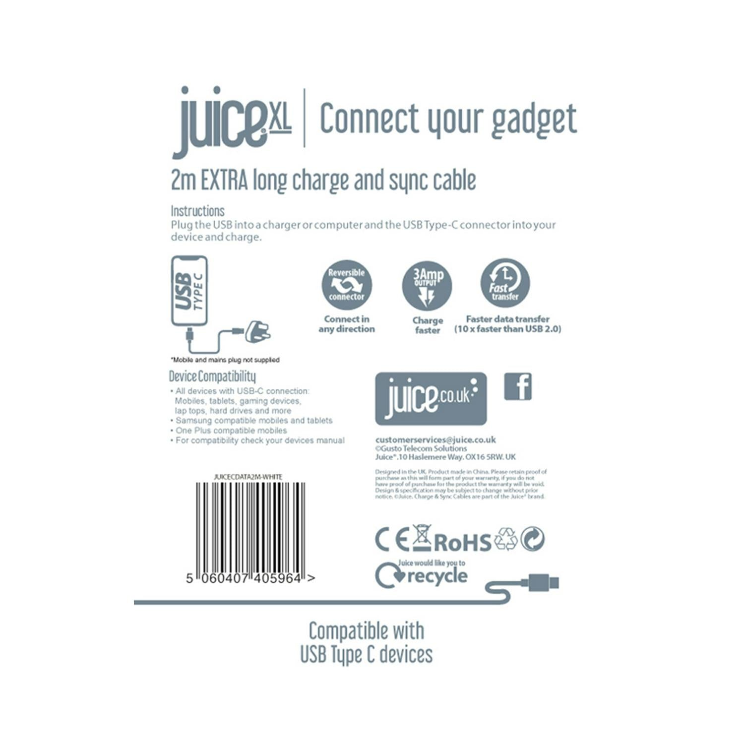 White USB C cable 2 metres for smartphones and tablets (British brand)