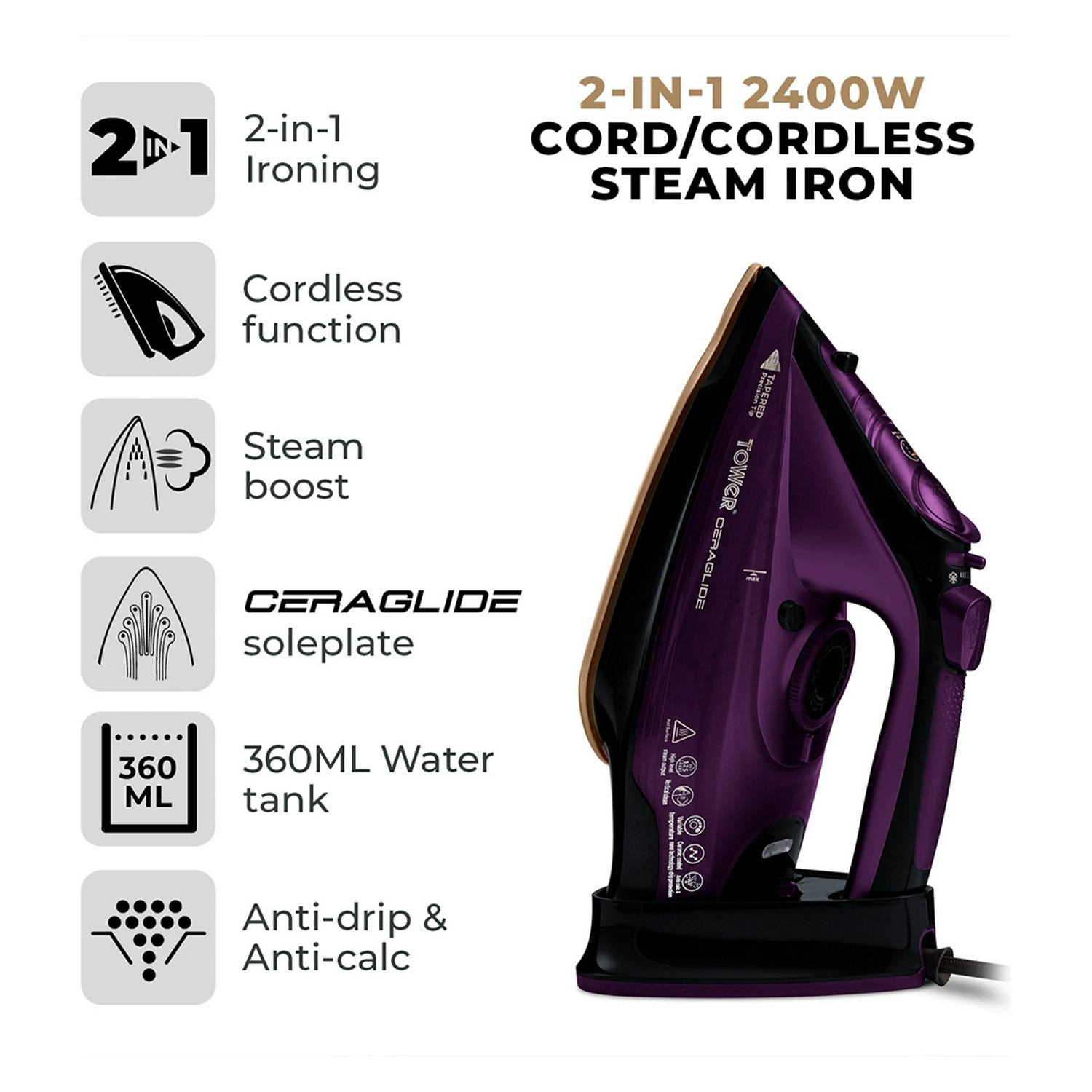 Tower 2-in-1 CeraGlide Steam Iron 1.2kg (British brand)