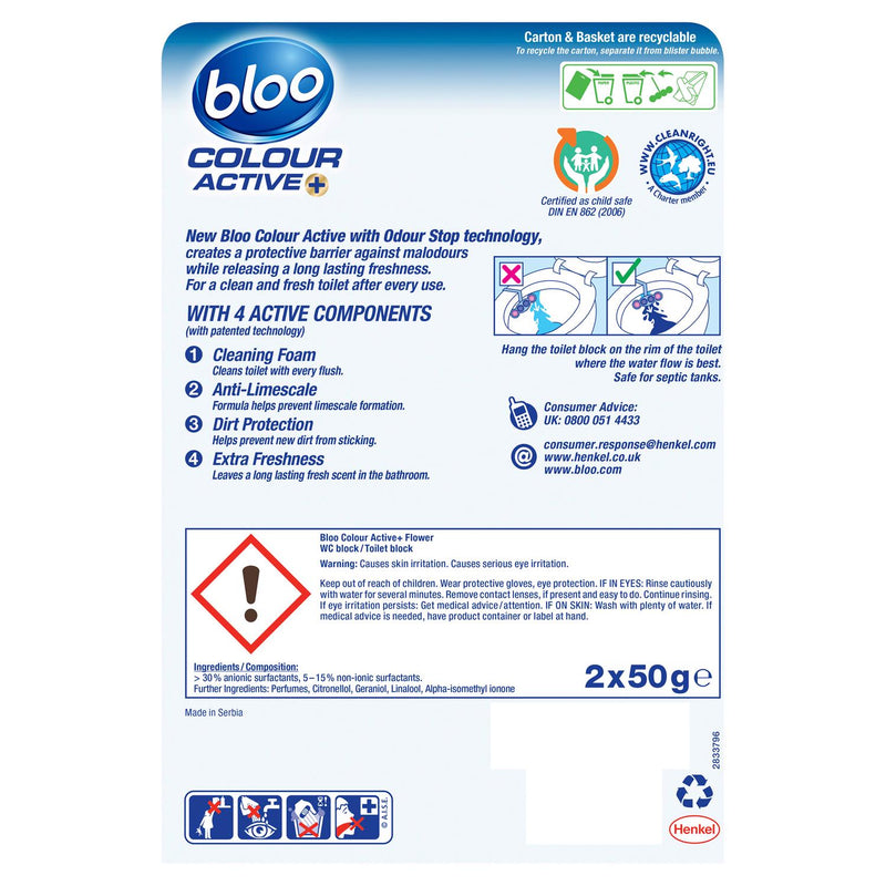 Bloo Colour Active Flower toilet rim block 2x50g - British product