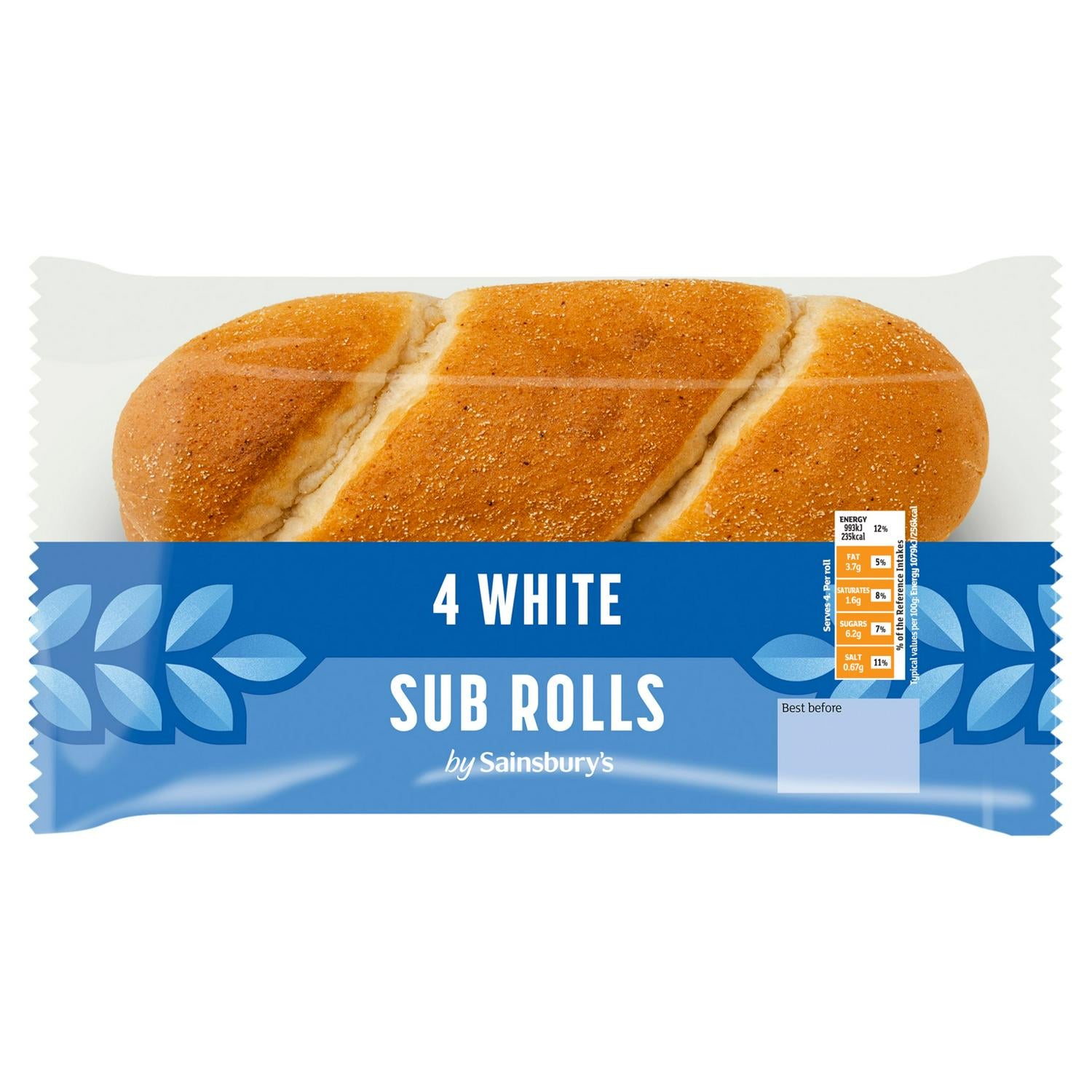 Sainsbury's white submarine rolls with semolina topping, pack of 4 (British brand)