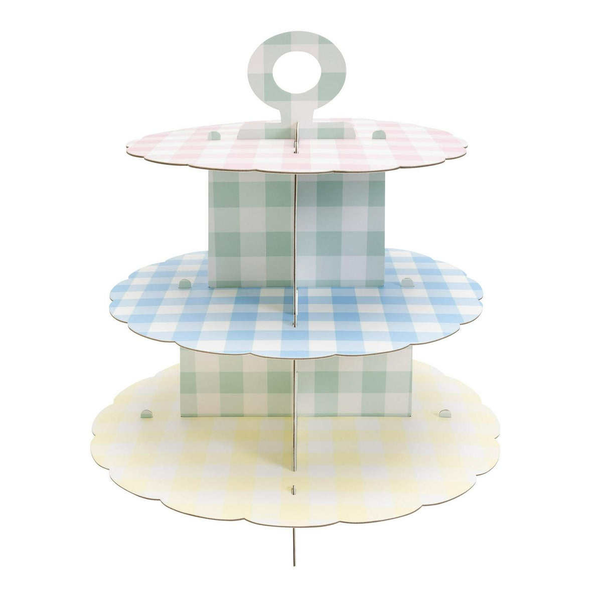 Sainsbury's Home gingham paper cupcake stand with scalloped edge and pastel shades, 34x33cm (British brand)