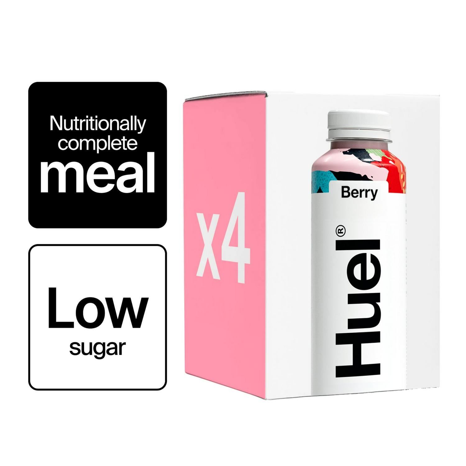 Huel Berry 4 pack bottle shakes, imported from the UK