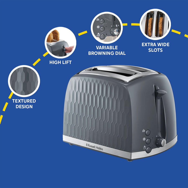 Russell Hobbs Honeycomb 2 slice grey plastic toaster, imported from the UK