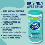Wet Ones Antibacterial Hand Wipes Fragrance Free Aloe 50 Pack (British brand)