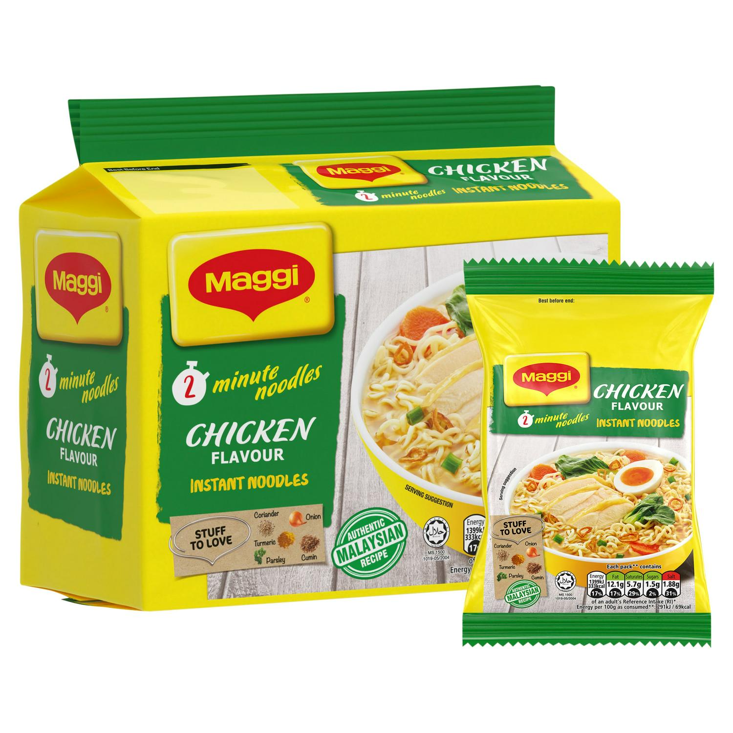 Maggi chicken flavour instant noodles 5 pack 74g, imported from the UK