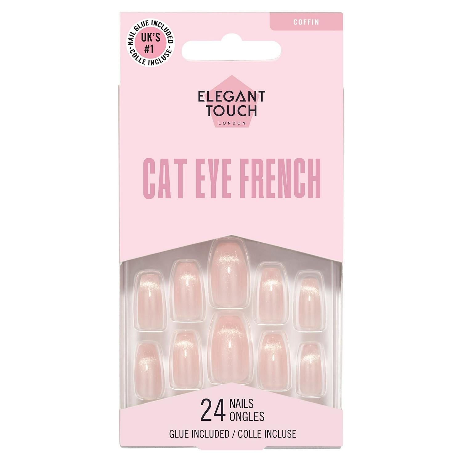 Cat Eye French Artificial Nails with Glue, Coffin Shape, 24 Pieces