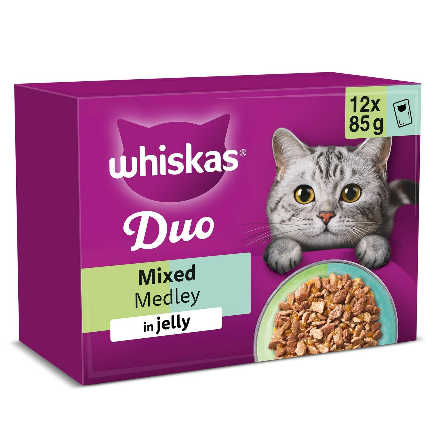 Whiskas 1+ Duo Mixed Medley Adult Wet Cat Food Pouches in Jelly 12 x 85g