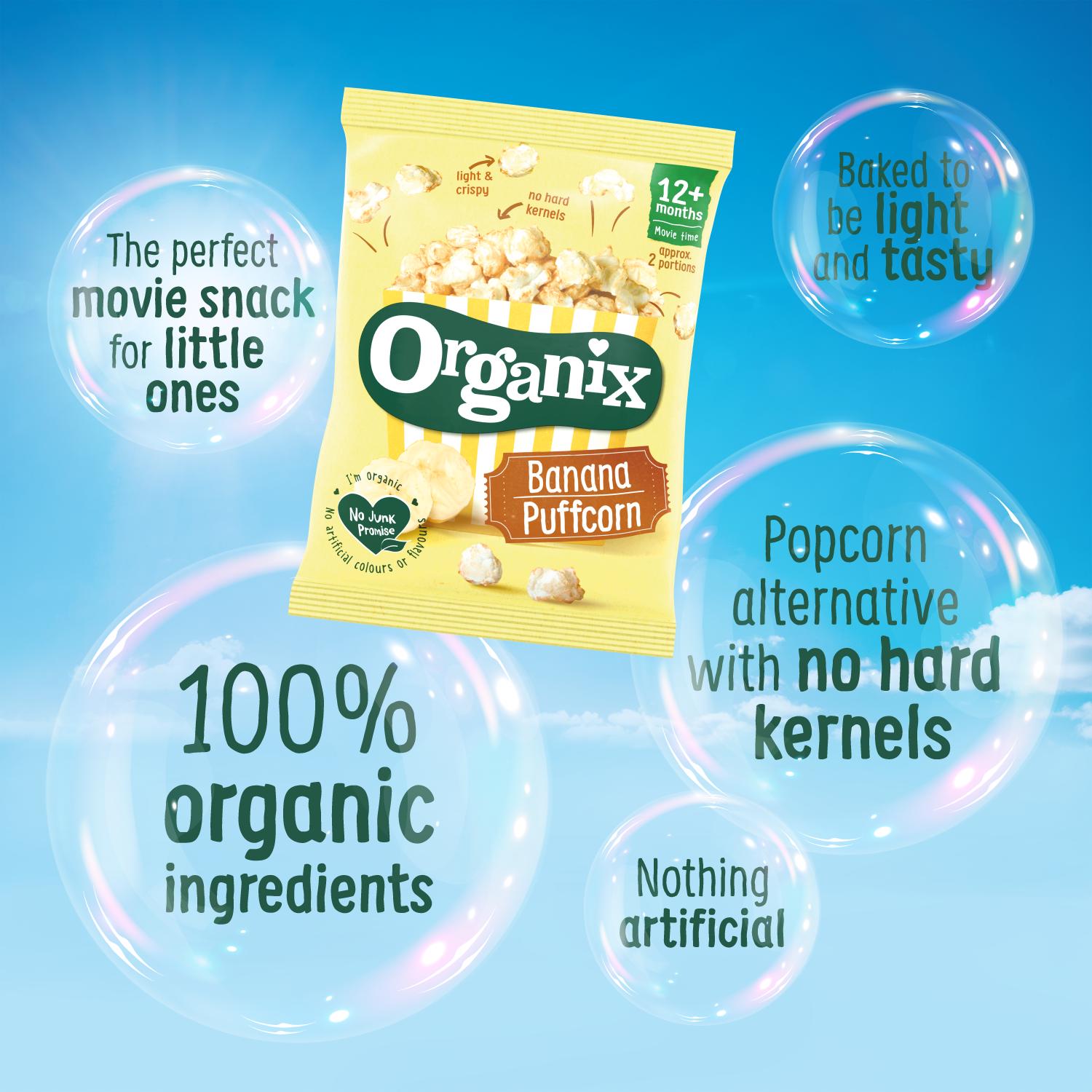 Organix Strawberry Apple Puffcorn 4x10g, imported from the UK