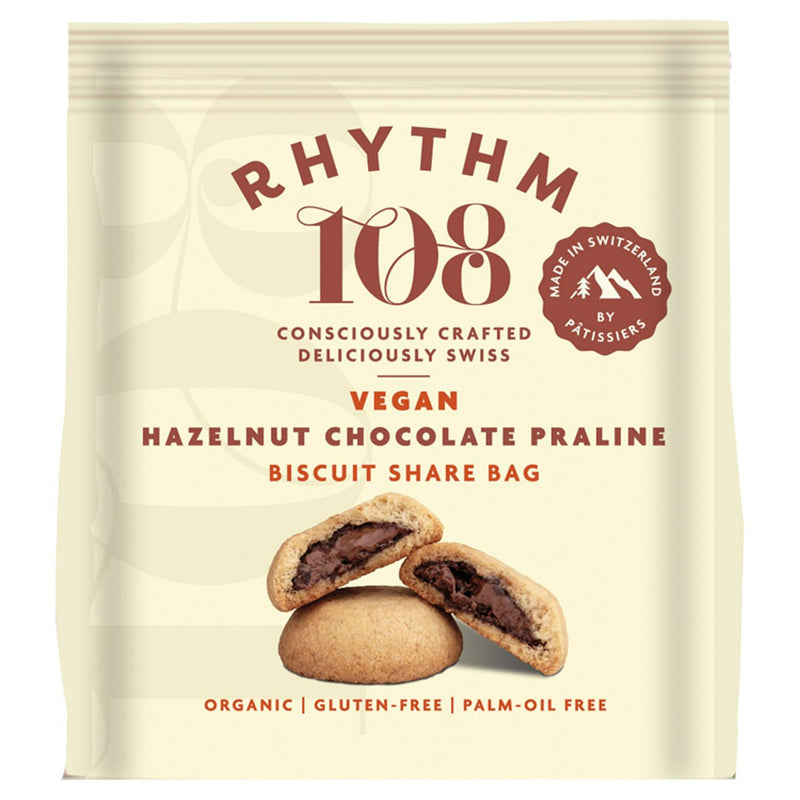 Rhythm Vegan Hazelnut Chocolate Biscuit Share Bag 135g, imported from the UK