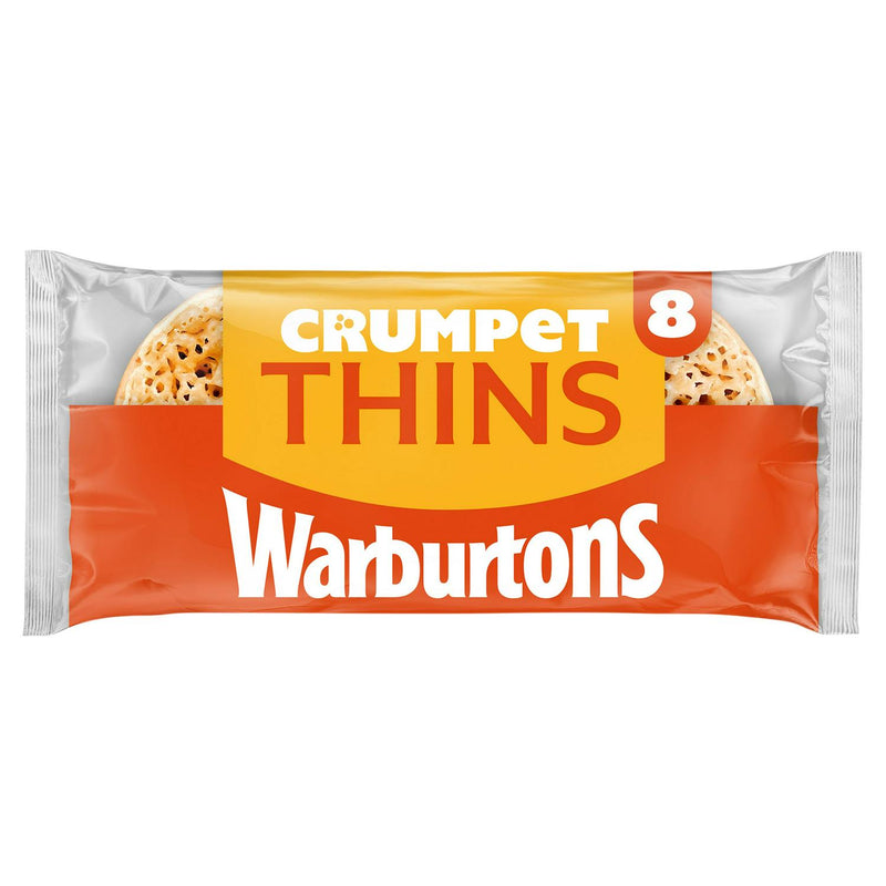 Warburtons Crumpet Thins, paquete de 8 unidades, opción de desayuno vegana (marca británica)