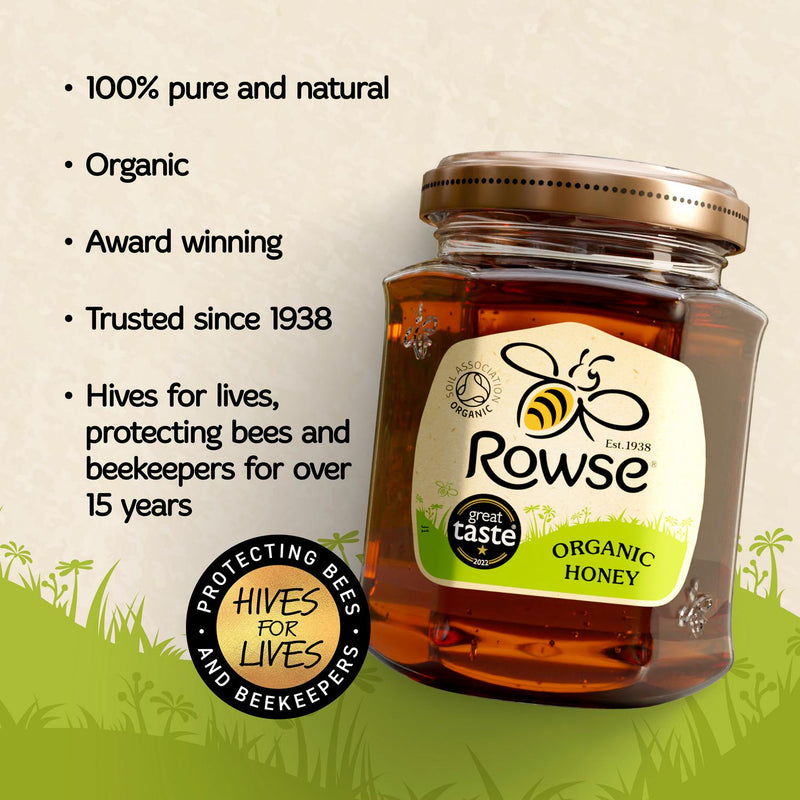 Rowse Organic Honey 340g jar, imported from the UK