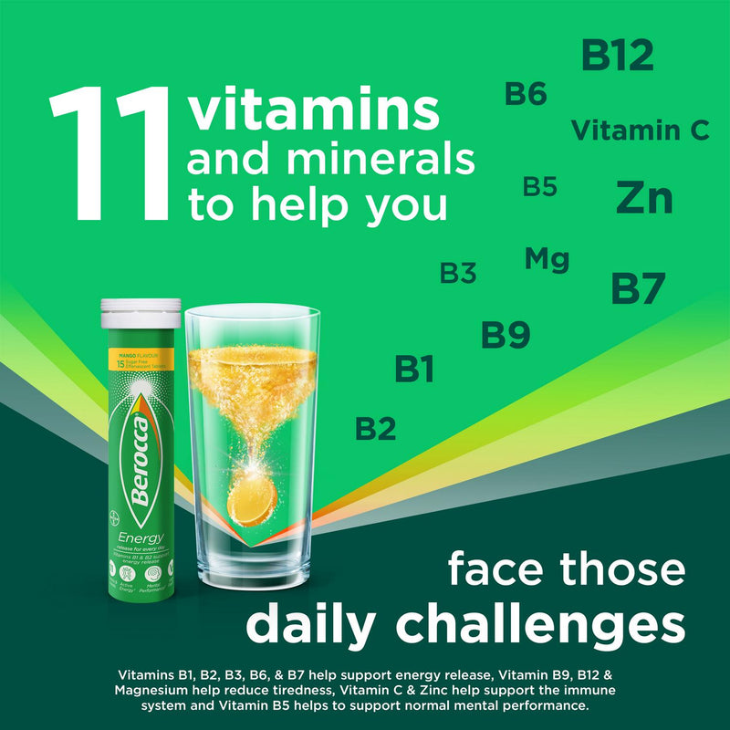Berocca mango energy vitamin tablets 15s, UK version