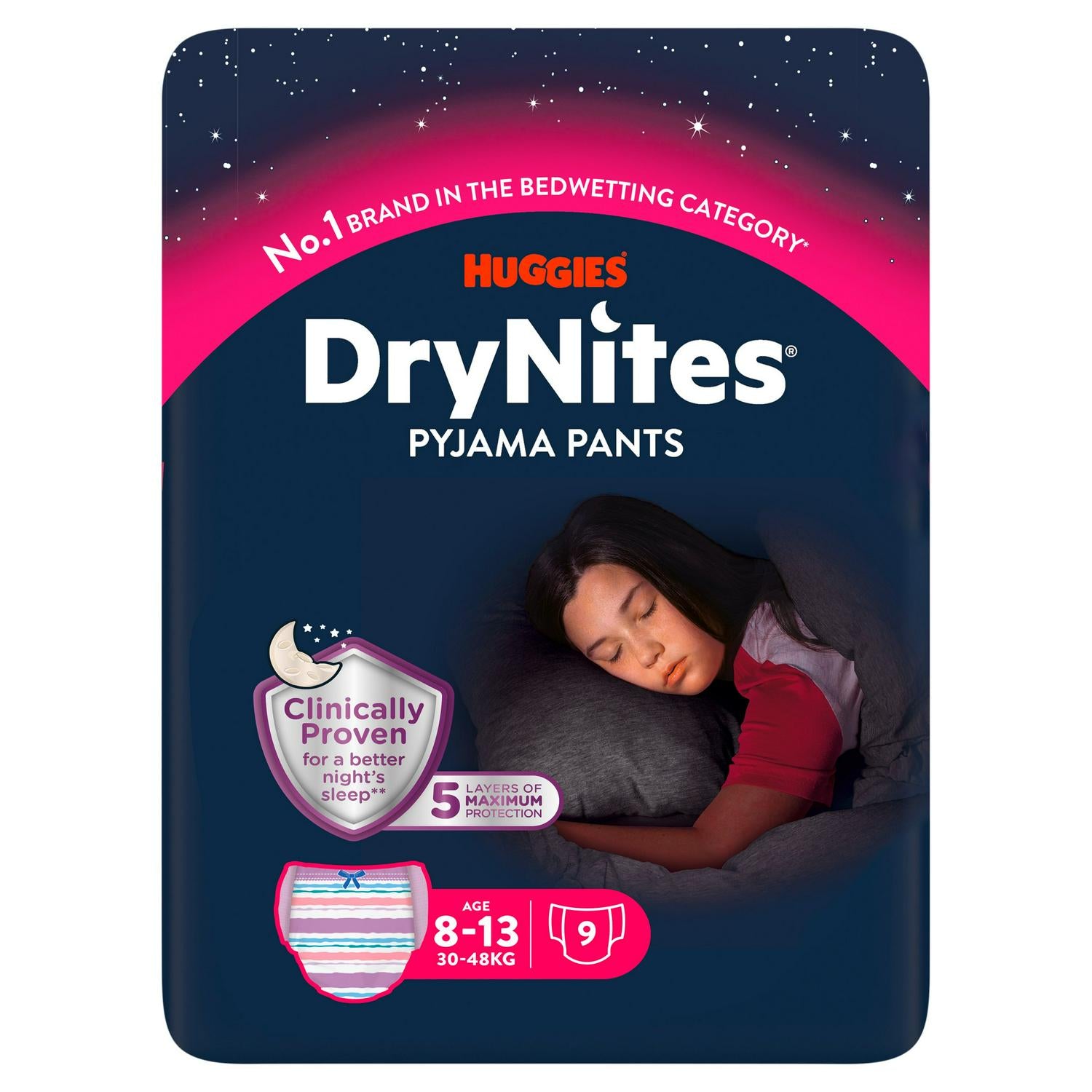 Huggies bedwetting pyjama nappy pants for girls age 8-13, pack of 9, UK version