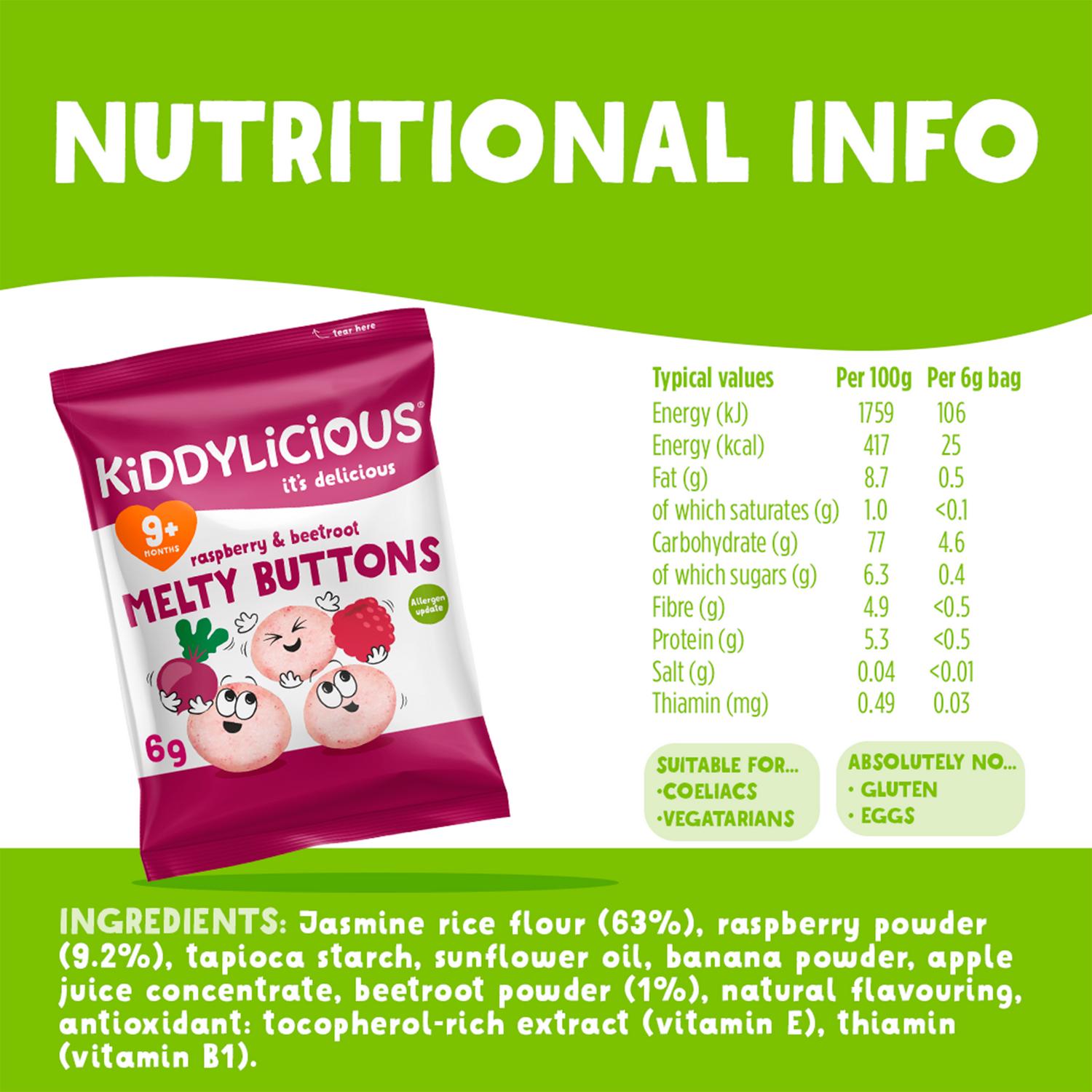 Kiddylicious raspberry beetroot melty buttons baby snacks 6g, UK version