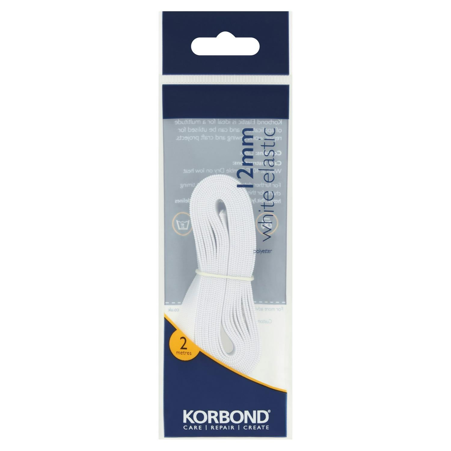 Korbond white polyester elastic tape 12mm x 2m, UK version