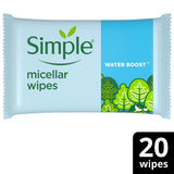 Simple Hydrating Water Boost Micellar Biodegradable Face Cleansing Facial Wipes x20