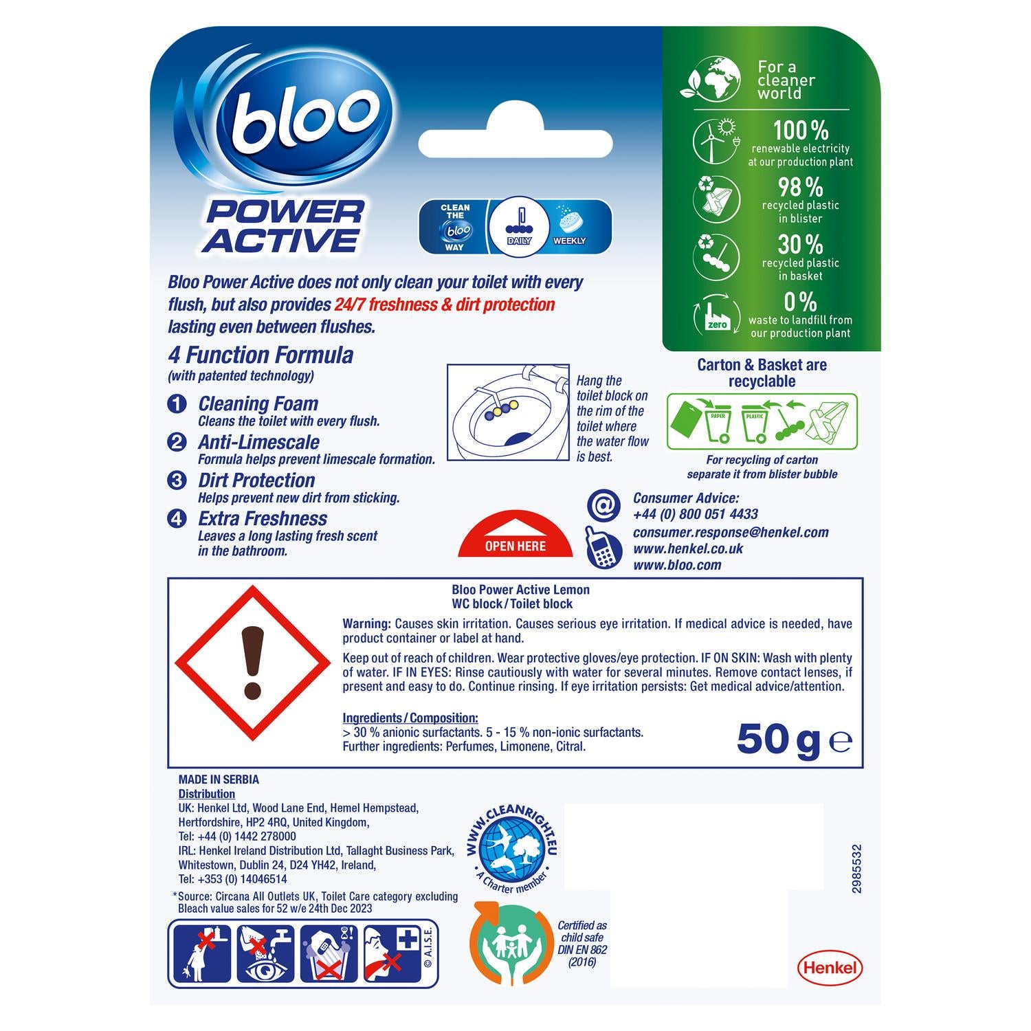 Bloo Power Active Lemon toilet rim block 50g - British product