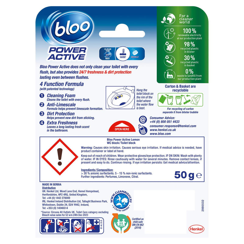 Bloo Power Active Lemon toilet rim block 50g - British product