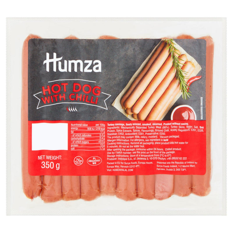 Humza Puten-Hotdog mit Chili 350g, importiert aus Großbritannien