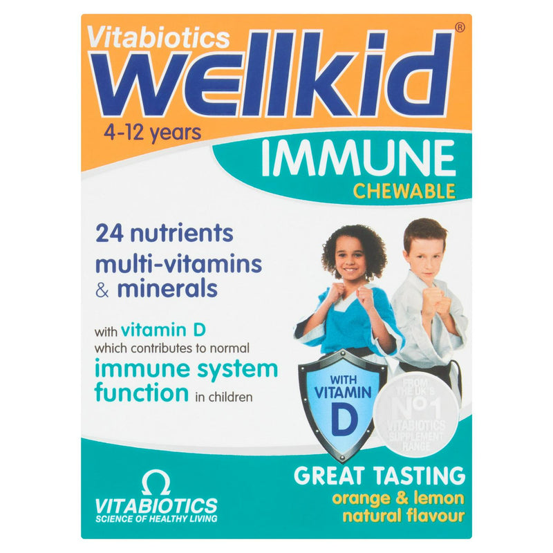 Vitabiotics Wellkid Immune Chewable Tablets Natural Orange & Lemon 30 Pack (British brand)