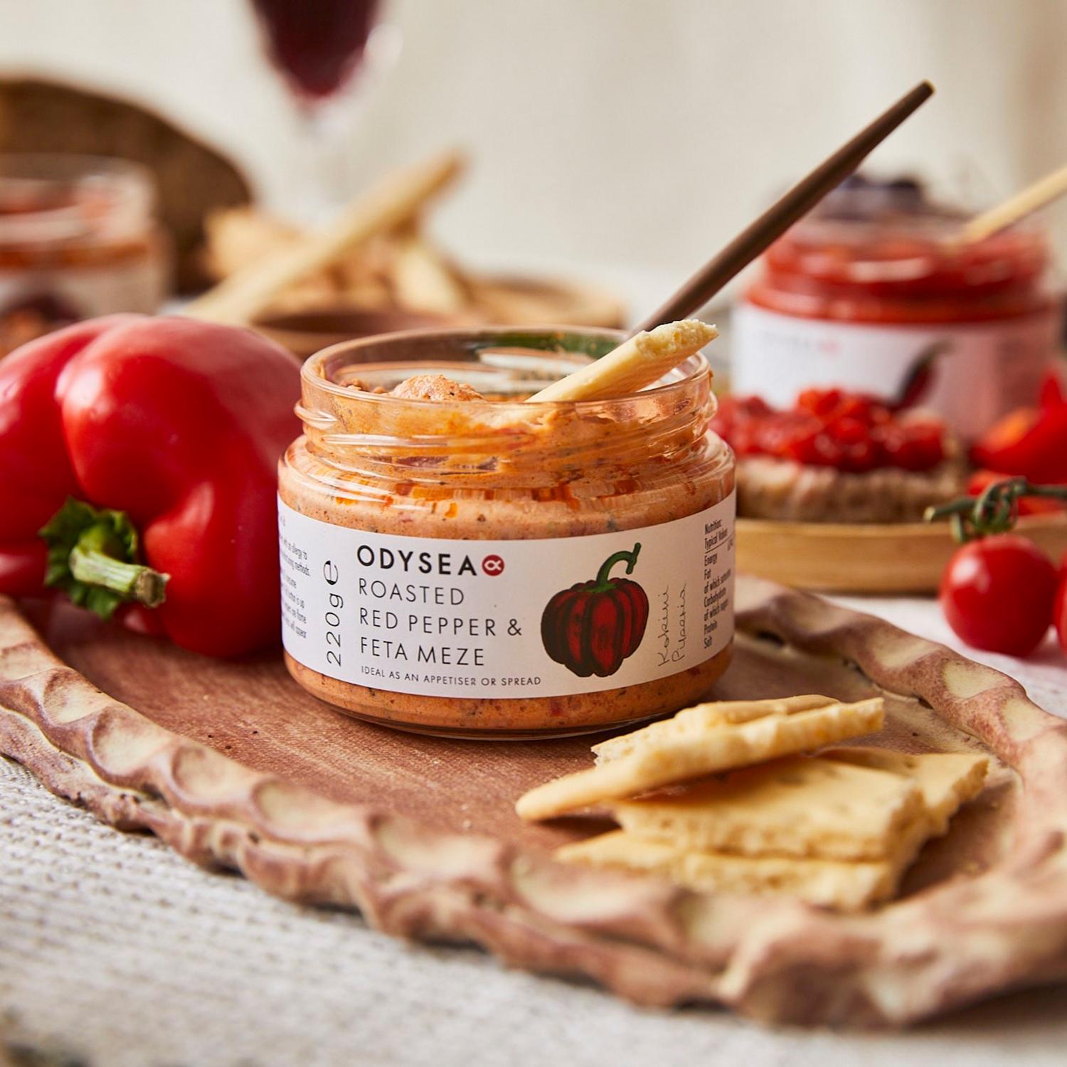 Odysea Roasted Red Pepper & Feta Meze 220g, imported from the UK