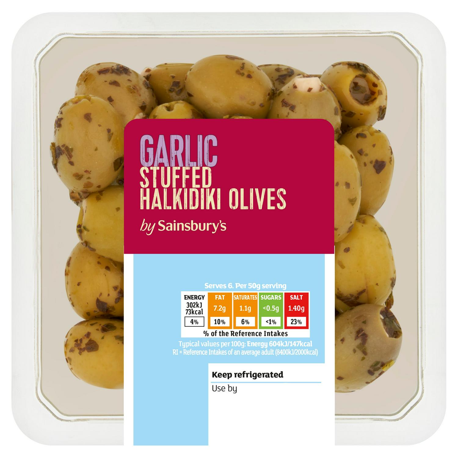 Sainsbury's garlic stuffed Halkidiki olives with parsley and oregano dressing 300g (British brand)