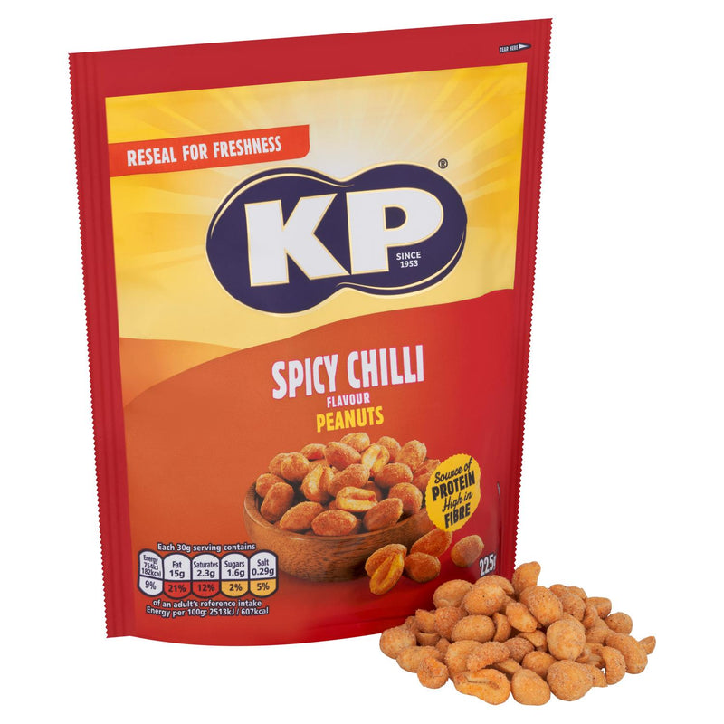 KP Crunchy Spicy Chilli Flavour Peanuts 225g, UK-versjon