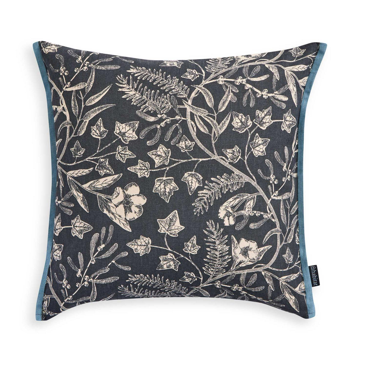Habitat mono printed winter floral cushion navy 43cm, imported from the UK