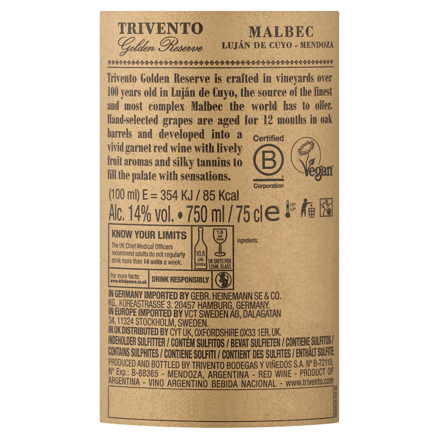 Trivento Golden Reserve Malbec Red Wine 75cl (British brand)
