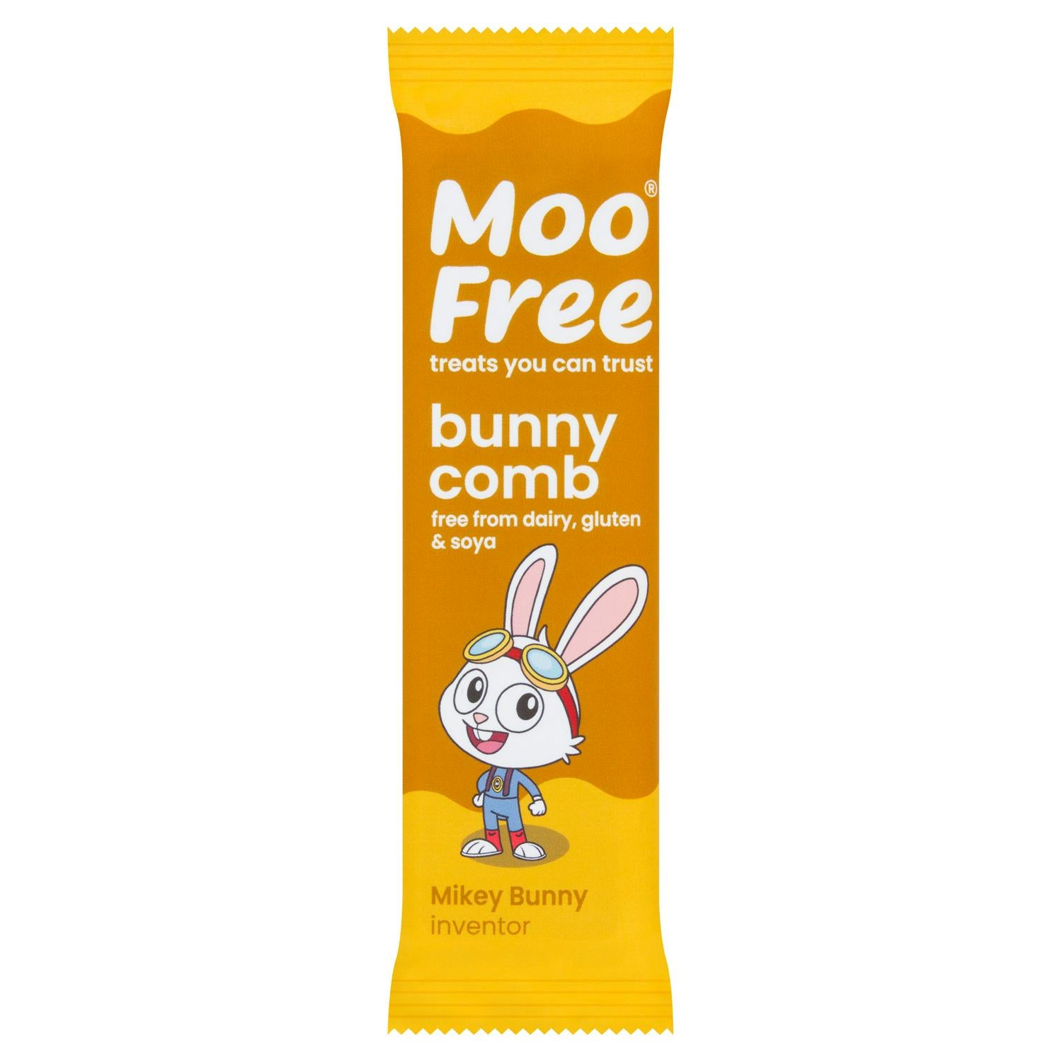 Moo Free vegan bunnycomb chocolate bar 20g, imported from the UK