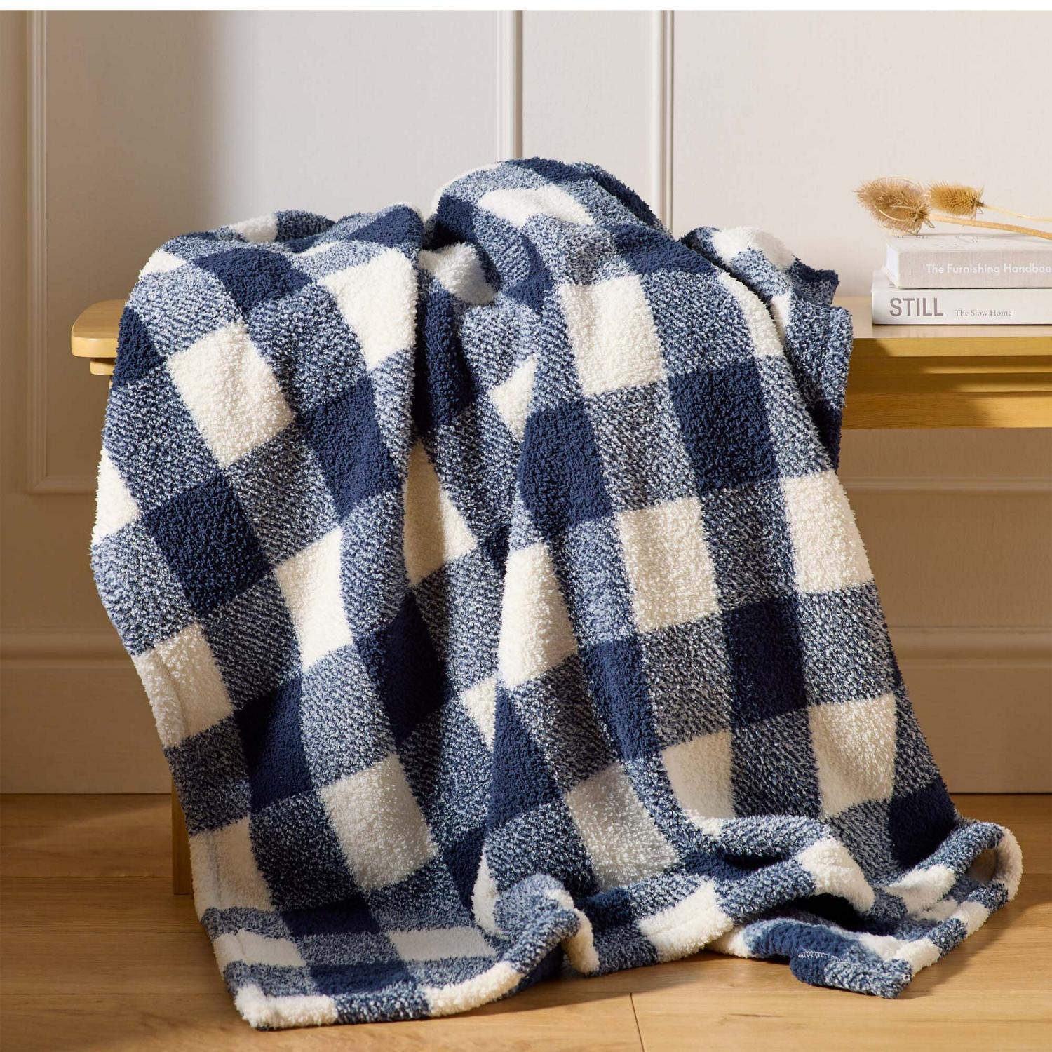 Sainsbury's Home Check Teddy Fleece Throw - Navy - 125x150