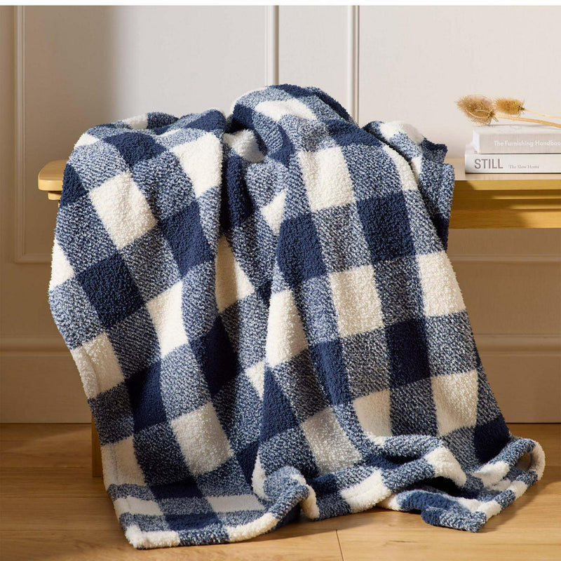 Sainsbury's Home Check Teddy Fleece Throw - Navy - 125x150