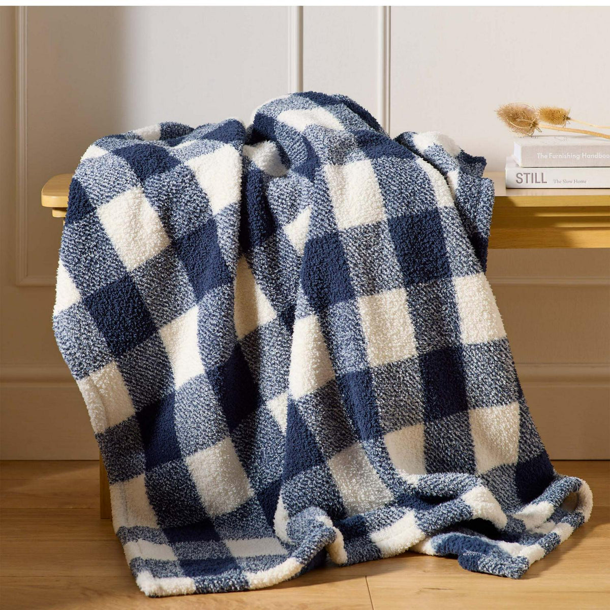 Sainsbury's Home Check Teddy Fleece Throw - Navy - 125x150