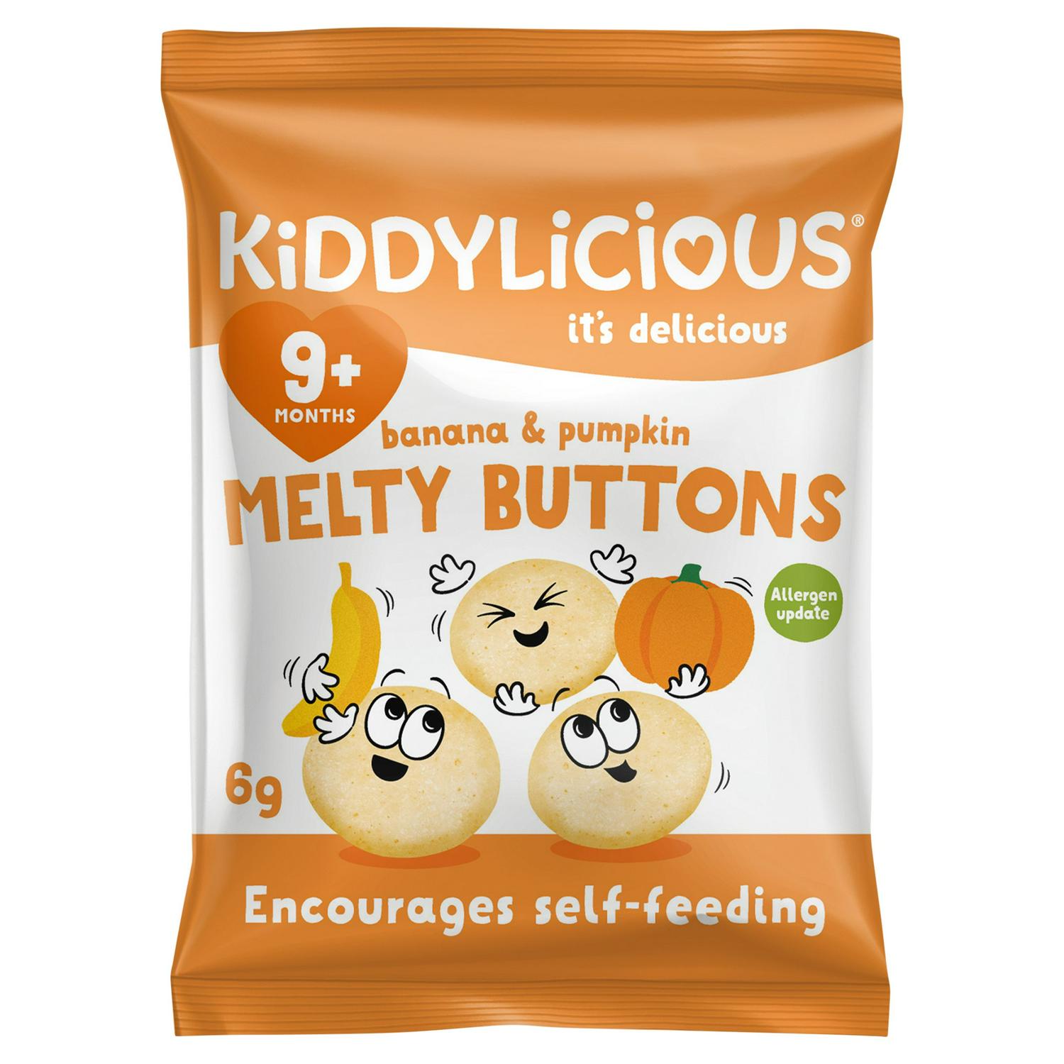 Kiddylicious melty buttons banana pumpkin 6g, imported from the UK