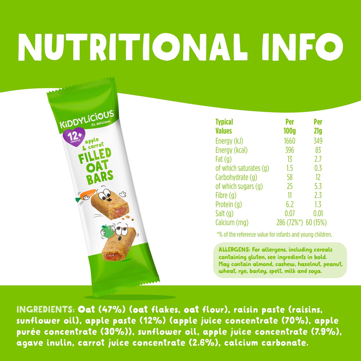 Kiddylicious apple carrot filled oat bars 5 x 21g, UK version