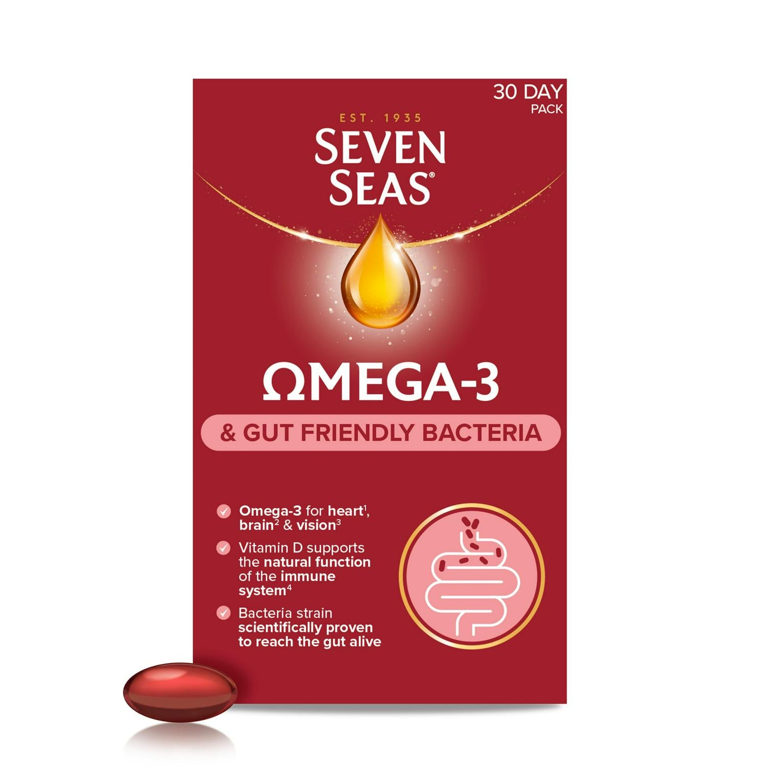 Seven Seas Omega 3 & Gut Friendly Bacteria Capsules 30 Count (British brand)