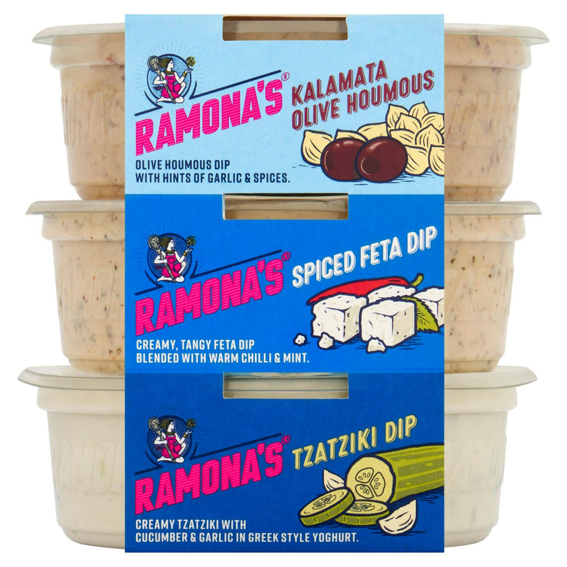 Greek Trio of Dips: Kalamata Olive Houmous, Spiced Feta, Tzatziki 300g