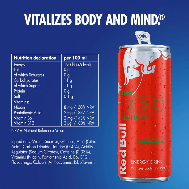 Red Bull Energy Drink Watermelon 250ml x4, imported from the UK