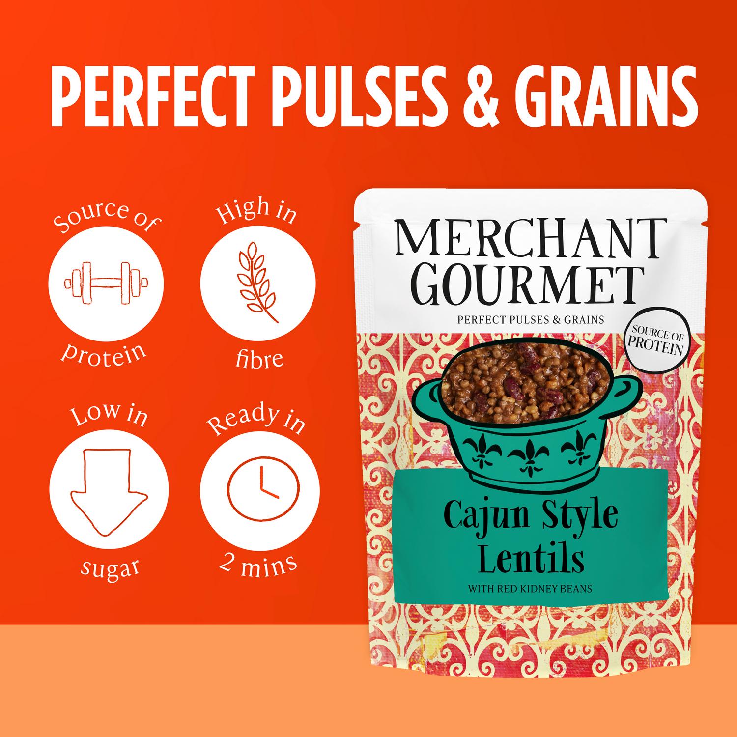 Merchant Gourmet Spicy Cajun Lentils & Kidney Beans 250g, imported from the UK