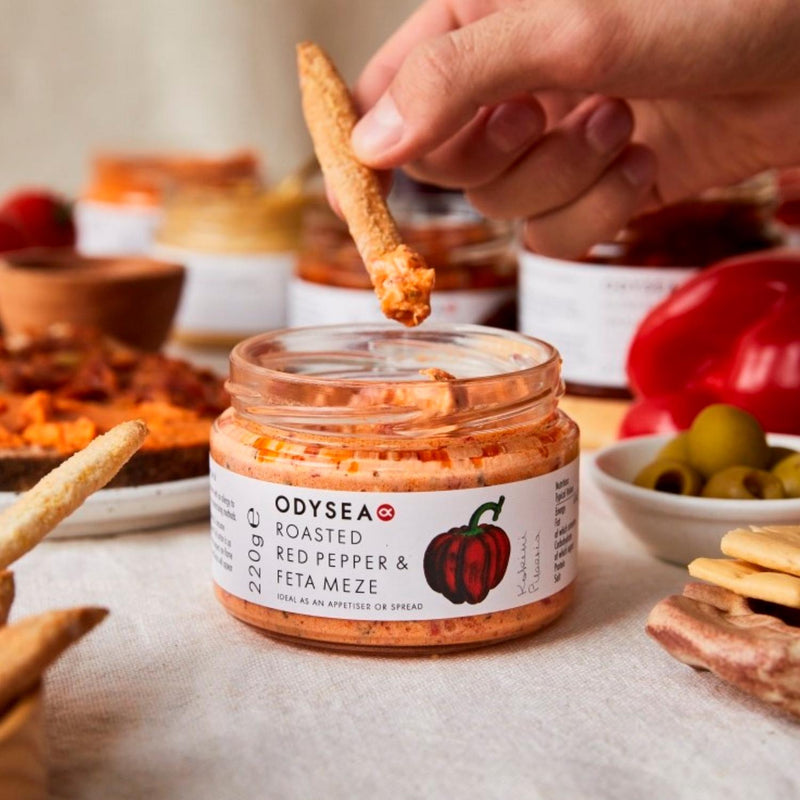 Odysea Roasted Red Pepper & Feta Meze 220g, imported from the UK