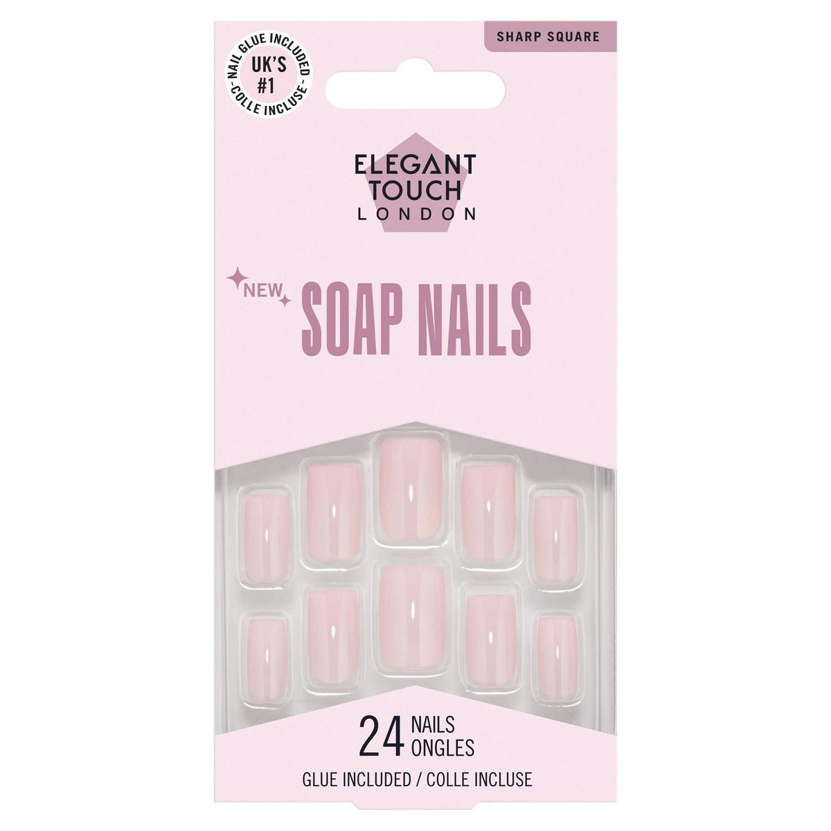 Vegan Soap Nails with Nail Glue - Sharp Square Shape, Pack of 24