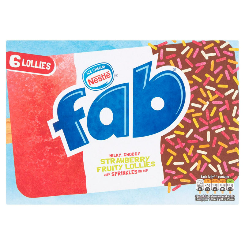 Fab strawberry and vanilla ice lollies chocolate coated 6 pack - British product