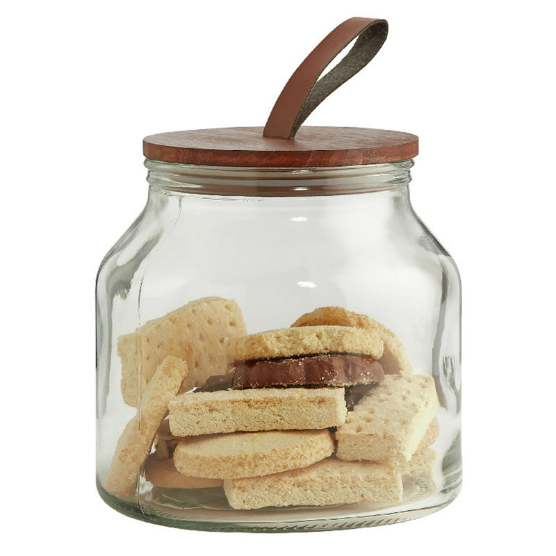Habitat glass storage jar wood lid faux leather 2L, UK version