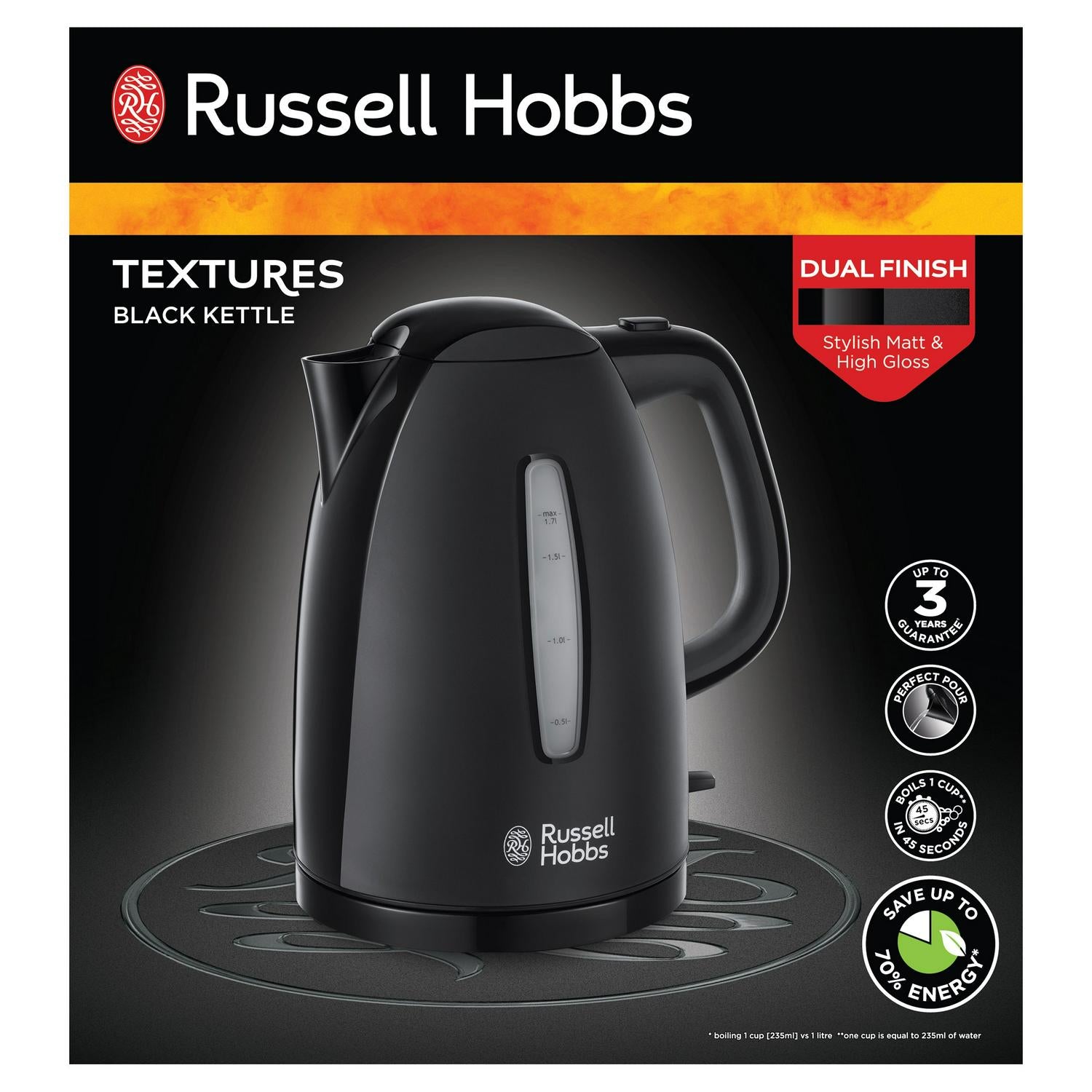 Russell Hobbs Black Electric Kettle 1.7L, imported from the UK