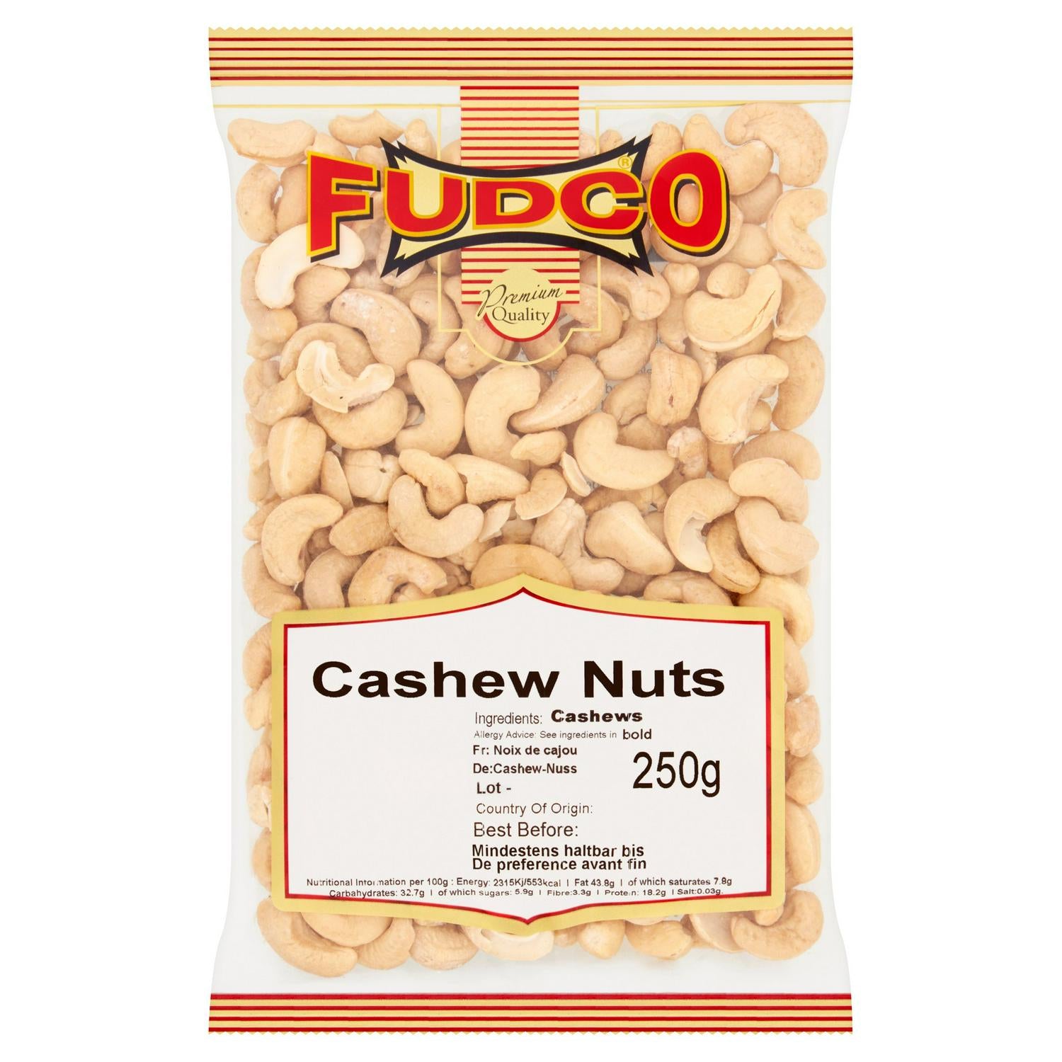 Fudco Premium Quality Cashew Nuts 250g Bag - British product